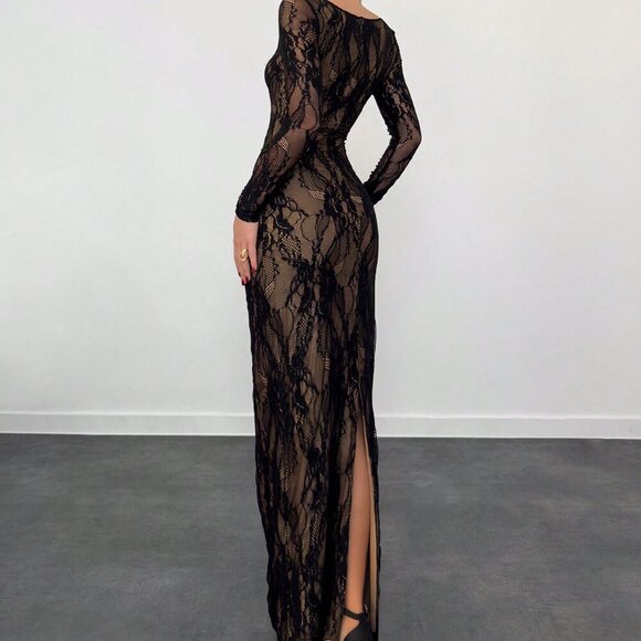 Black Casual Women's Sexy Lace Long Sleeve Corset Collar Slim Fit Floor Dress - Picture 2 of 6